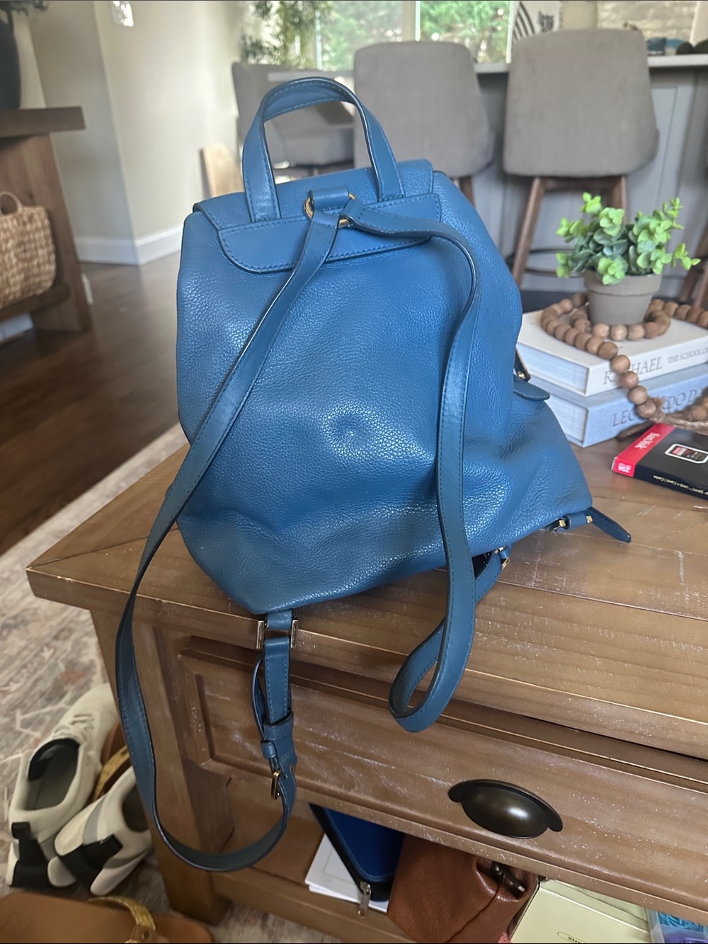 MICHAEL KORS Blue Pebbled Leather Drawstring Backpack with Gold Hardware - Picture 4 of 6